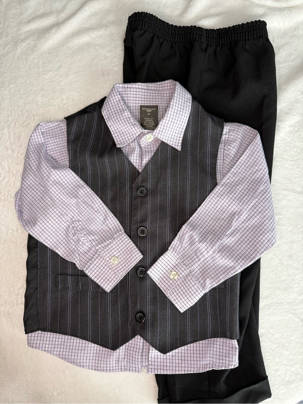 Dockers Boys 4T Lavender Check Shirt with Black Pinstripe Vest and Black Pants